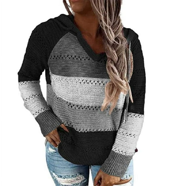 Chandails de Mode pour Femmes Manches Longues Hiver Automne Col en V Patchwork à Capuche Décontracté Ample Pull-Over Grande Taille