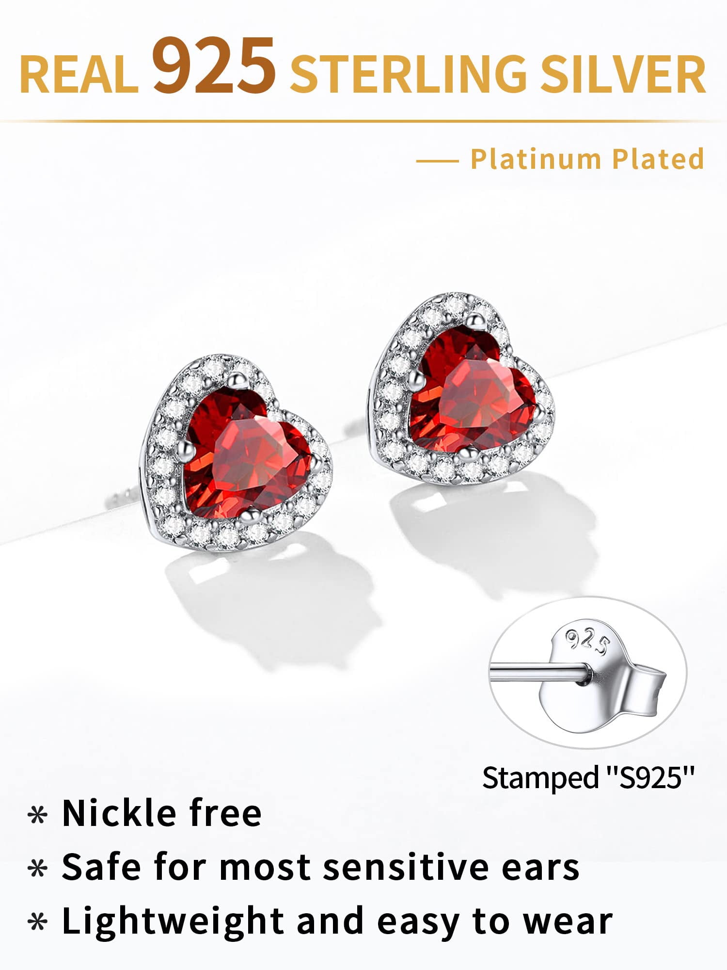 ChicSilver Red Birthstone Stud Earrings Heart Cut Cubic Zirconia Hypoallergenic Jewelry Sterling Silver Birthday Mother's Day Gifts for Women Mom