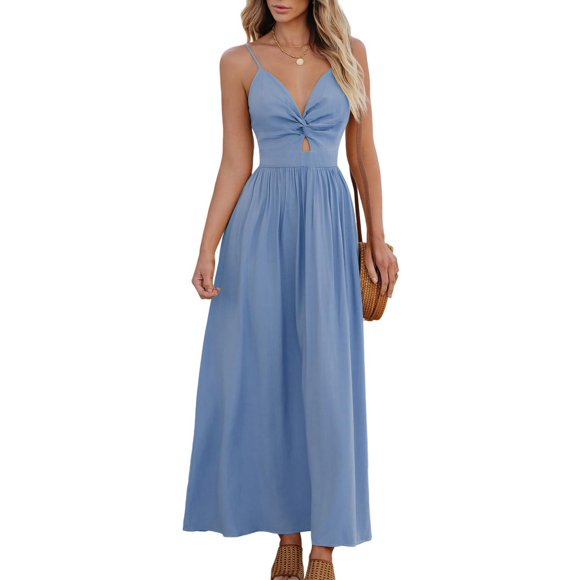 Vestido largo CUPSHE con cuello en V, sin mangas, largo y retorcido, rayón azul