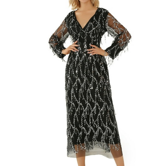 Jdlsppl Women's Sequins Dresses Long Sleeve Evening Gown Mesh Date Night Fringed Elastic Waist V Neck Black Large