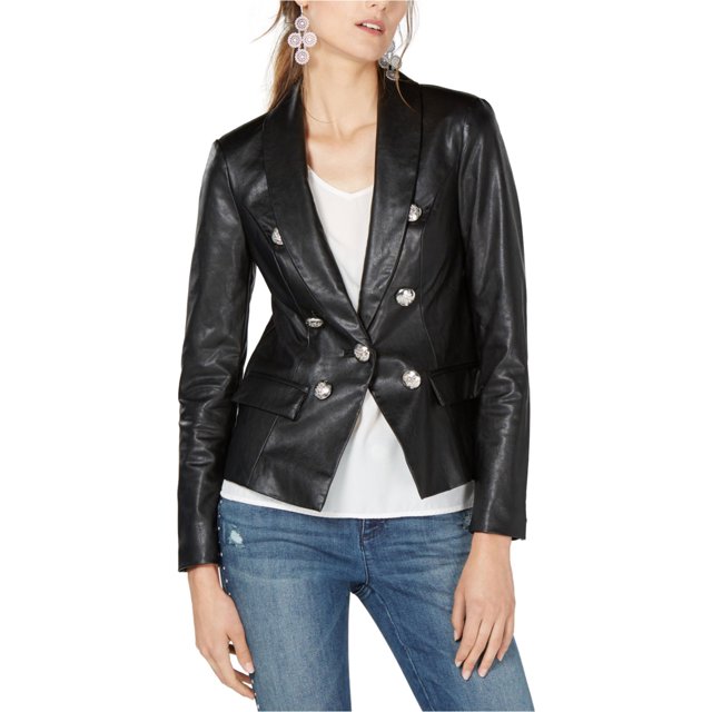 INC Chaqueta tipo blazer de piel sintética para mujer, negra, pequeña