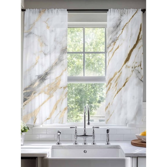 Marble White Gold Sheer Curtains for Living Room Bedroom Modern Abstract Geometric Sheer Curtains 63 Inch Long 2 Panels Set Light Filtering Curtain Window Treatments Drapes for Dining Room