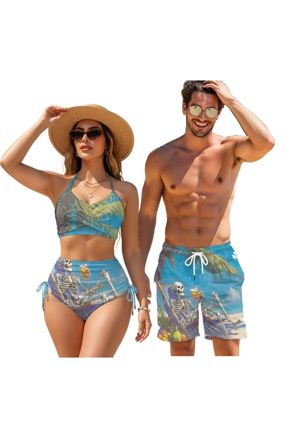 Hawaiian Beach Skeleton Matching Swimsuits for Couples Womens 2 Piece Bikini Sets Sexy Cross Front Mens Swimming Trunk with Pocket Couples Matching Bathing Suits Family Swimwear