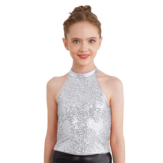Vêtements de Fête Mode Sans Manches à Sequins pour Filles Dos Nu Crop Tops Performance Hip Hop Argent 6
