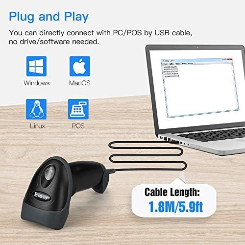 Tekola EYH2 Handheld USB 2D Barcode Scanner, Wired Automatic QR Code Scanner PDF417 Data Matrix Bar Code Reader with Long USB Cable for POS Mobile Payment, Convenience Store, Supermarket, Warehouse