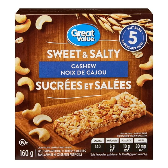 Great Value Sweet & Salty Cashew Chewy Nut Bars, 5 bars, 160 g