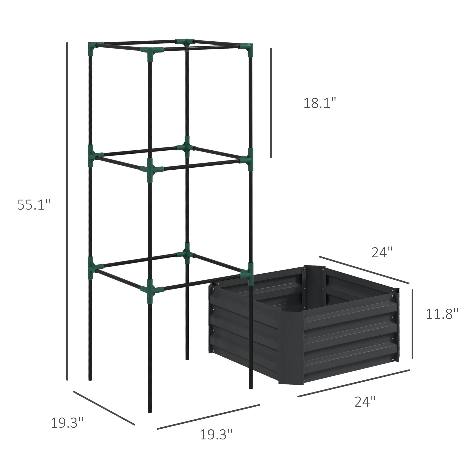 Outsunny Galvanized Steel Raised Garden Bed with Adjustable Tomato Cage Trellis, 24" x 24" x 55" Dark Gray Metal Planter for Vegetables and Climbing Vines, Outdoor Patio & Backyard
