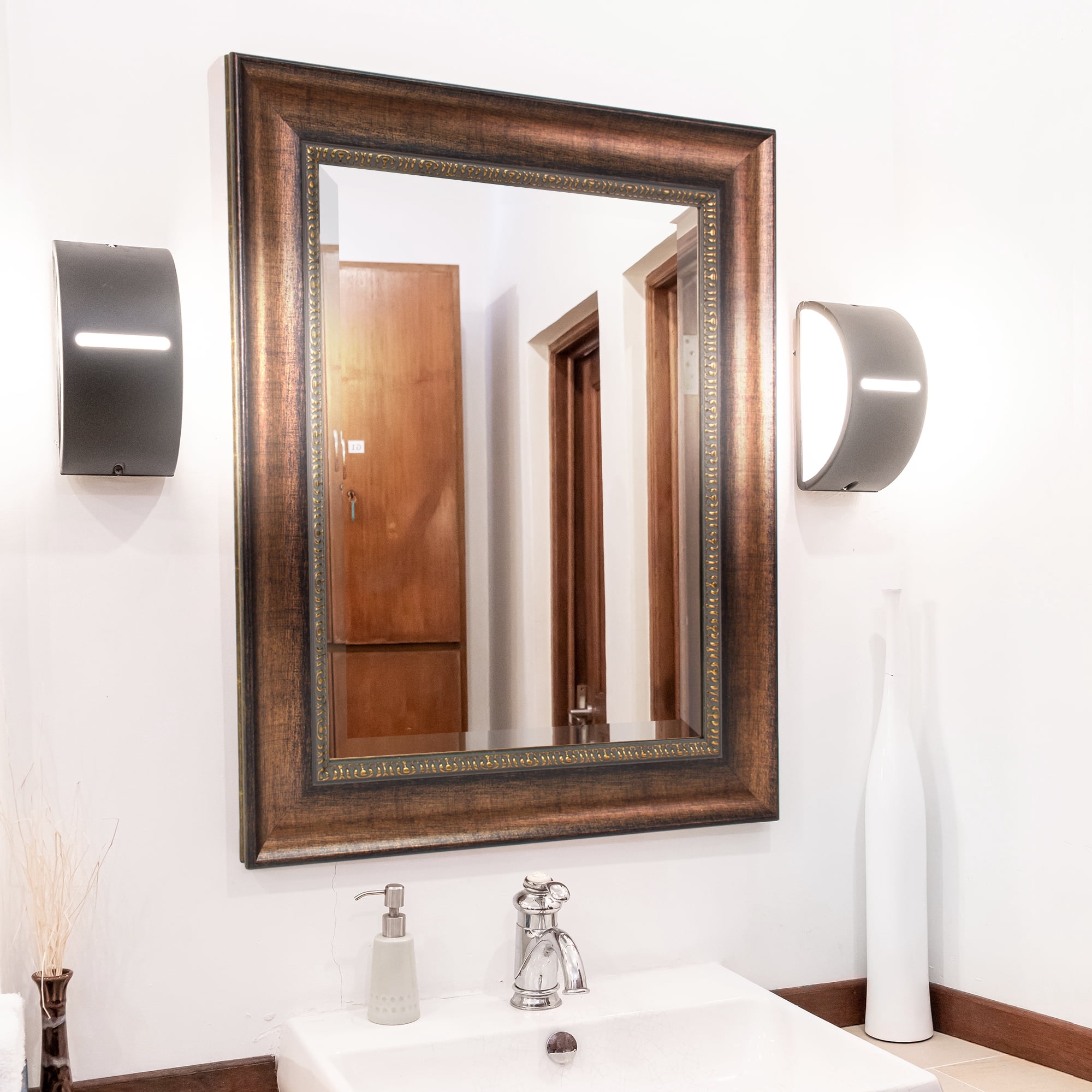 Head West Distressed Vanity Mirror - Embossed Copper Wall Mirror for Living Room & Bathroom - Beveled-Edge Polystyrene Frame with D-Ring Hangers for Vertical and Horizontal Mounting - 30" x 36"