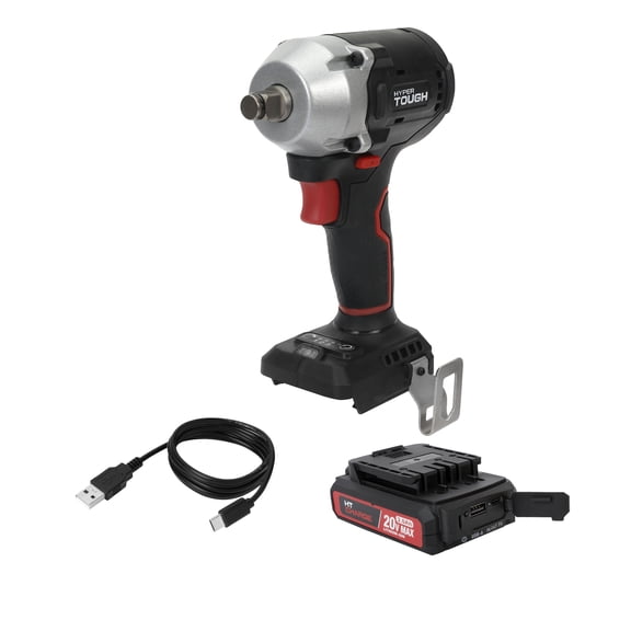 Hyper Tough 20V Brushless 1/2-inch Impact Wrench, Battery & Charging Cable