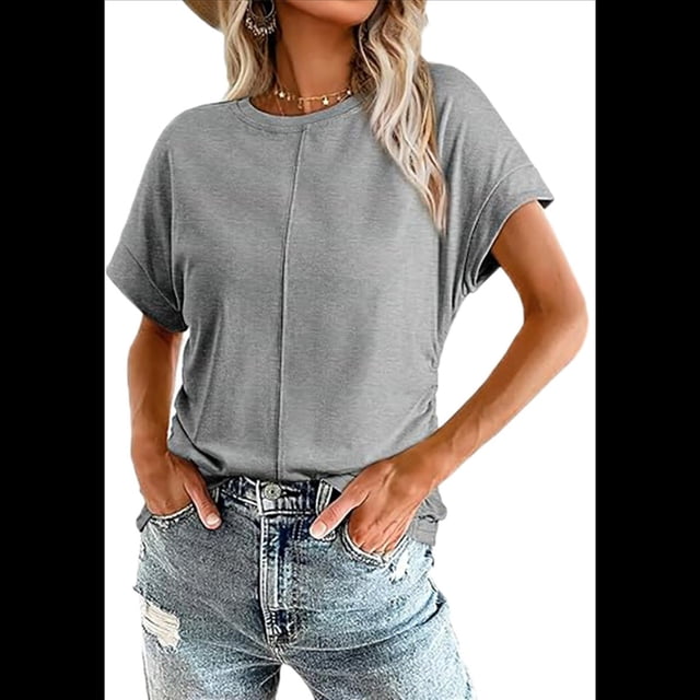 Blusa de Verano para Mujer, con Cuello Redondo, Mangas y Fruncido Lateral, Gris, Talla XXL