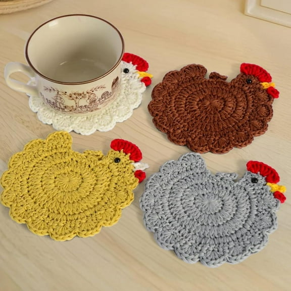 Handmade Crochet Chicken Coasters Set of 4 - Funny, Stuffed Animal-Themed Drink Coasters, Cute Desk Accessories, Home Decor, Tabletop Protection, Crazy Chicken Lady Must Have (Style 1)