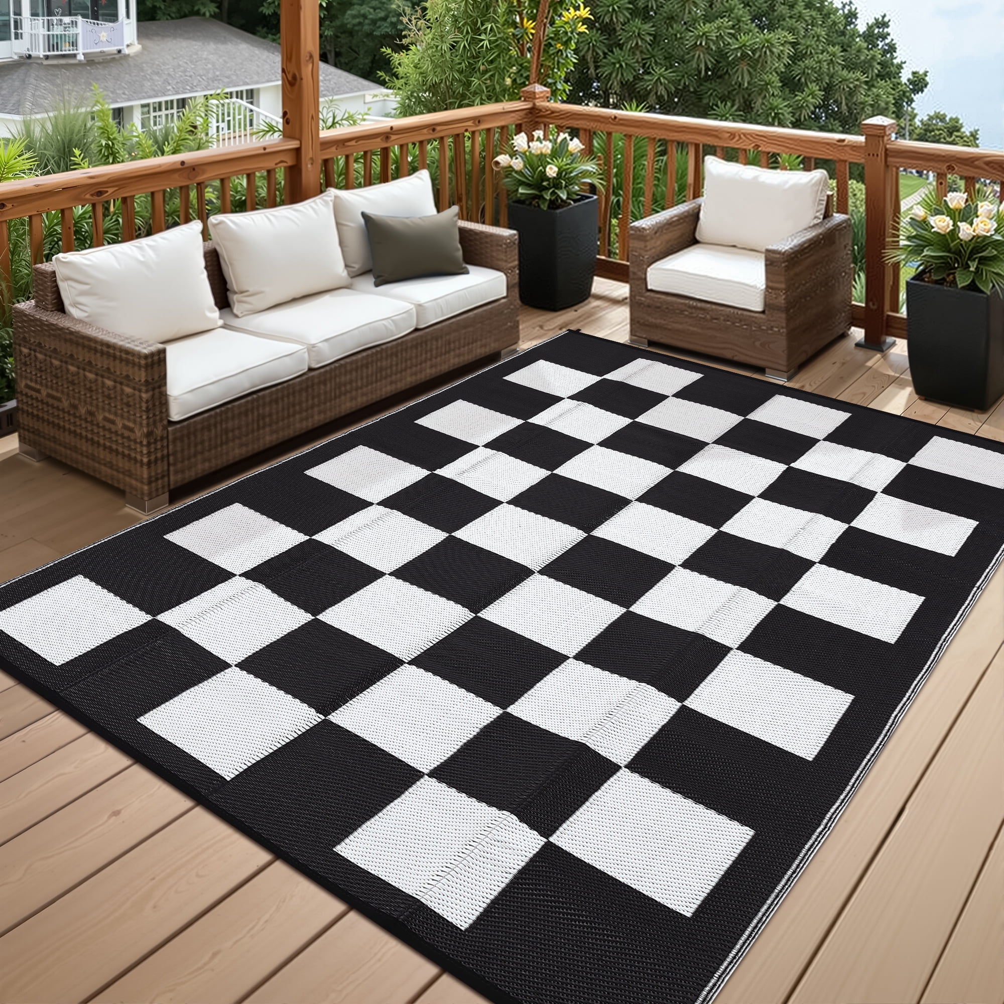 Waterproof Outdoor Checkerboard Rug - All-Weather Plastic Straw Mat for Patio & Deck, 9*12ft