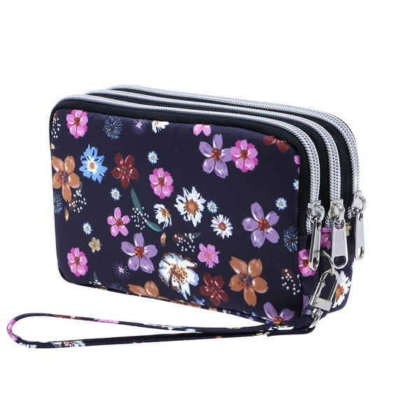 HAWEE Wristlet Purse for Women Credit Card Holder Wallet with 3 Zipper Handbag Wallet Floral Printing, Colorful Flower