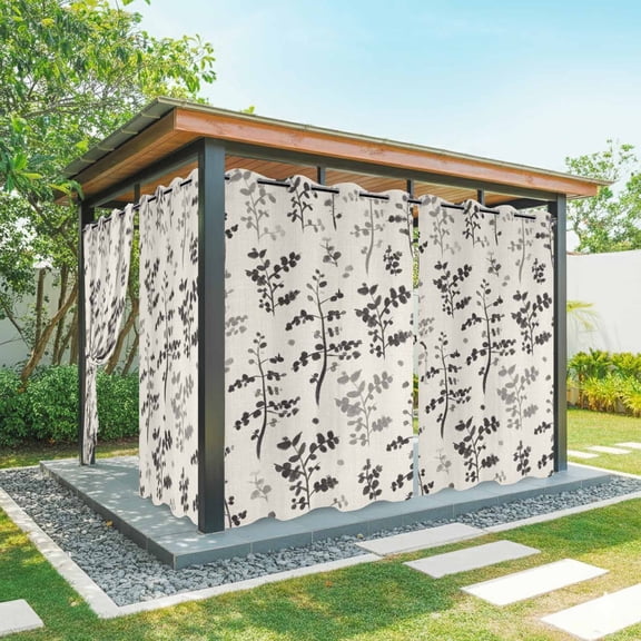 Outdoor Curtains for Patio Waterproof, Black Grey Botanical Outdoor Privacy Panels Grommet, Rustic Country Spring Floral Summer Leaf Blackout Outside Curtains for Porch/Cabana 54"x108", 2 Panels