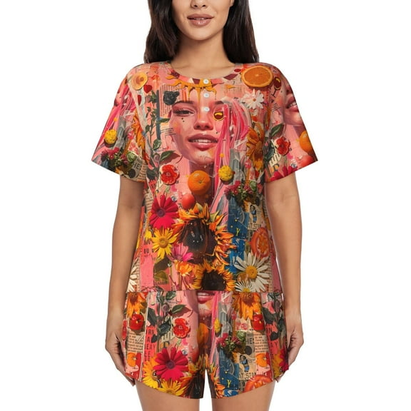 Vsdghe Vibrant Floral Collage Portrait Pattern Women's Pajama Set,Short Sleeve Sleepwear 2 Piece Pjs Lounge Sleepwear Sets-Small