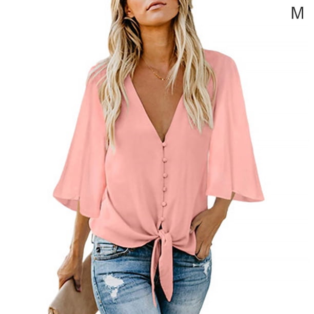 Qarigey Camisa de mujer Color sólido Manga larga Botón Solapa Blusa casual Prendas para la parte del cuerpo Rosa M
