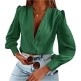thumbnail image 2 of Long Sleeve Women V-Neck Blouse Female Lady Button Silk Shirt Tops, 2 of 5