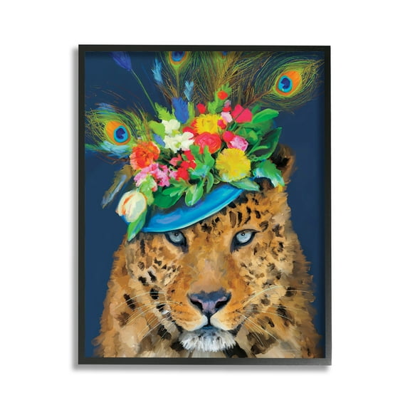 Stupell Industries Cheetah with Feather Hat Animals & Insects Painting Black Framed Art Print Wall Art, 11 x 14
