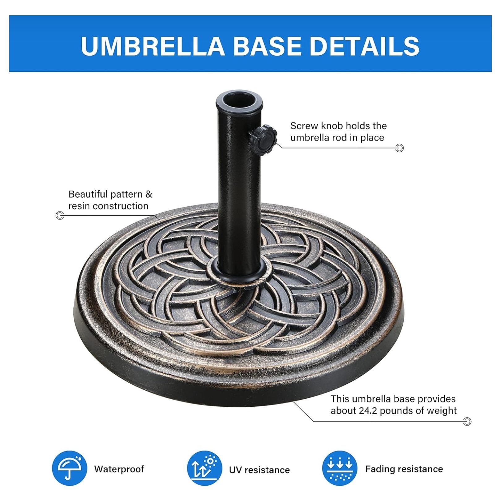 17.72" 24.2 lbs Market Heavy Duty Umbrella Round Stand Base for Patio, Outdoor, Deck, Lawn, Garden, Bronze