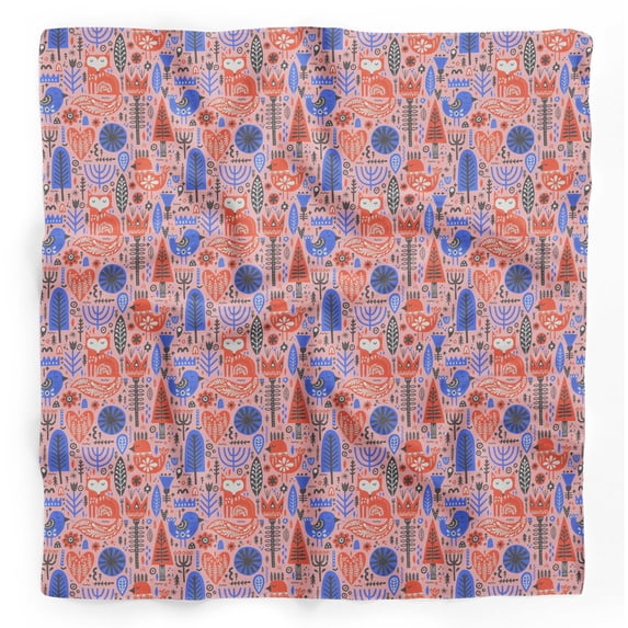 Bimba Pink Tree & Fox Folk Art Printed Pure Silk Scarf For Hair Neck Head Bandanas For Women 40 x 40 Inches