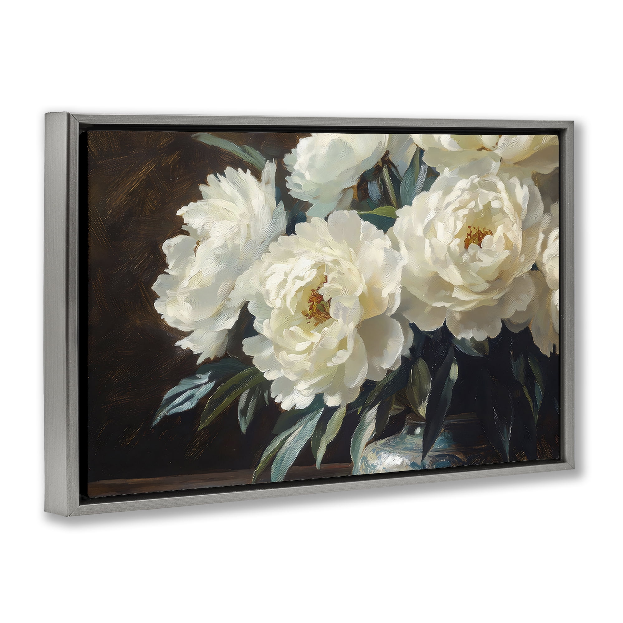 Stupell Industries Large Moody White Floral Gray Framed Floater Canvas Wall Art, design by Petal Prints Design