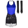 thumbnail image 4 of iiniim Women Sequins Latin Dance Outfits Sleeveless Tassel Leotard Fringed Tango Salsa Dance Dress with Gloves Blue L, 4 of 7