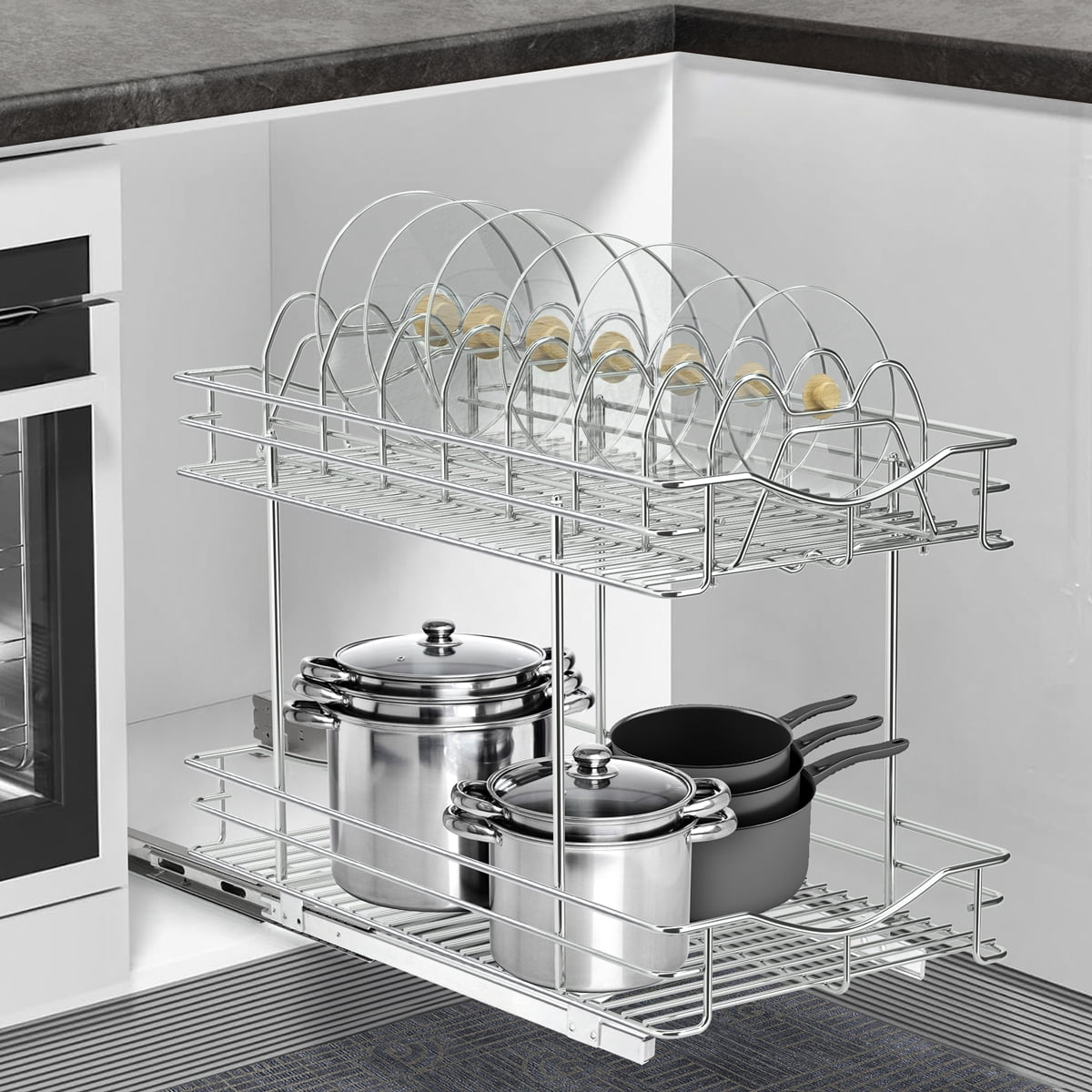 FULGENTE Pull Out 2-Tier Lid Cookware Cabinet Organizer