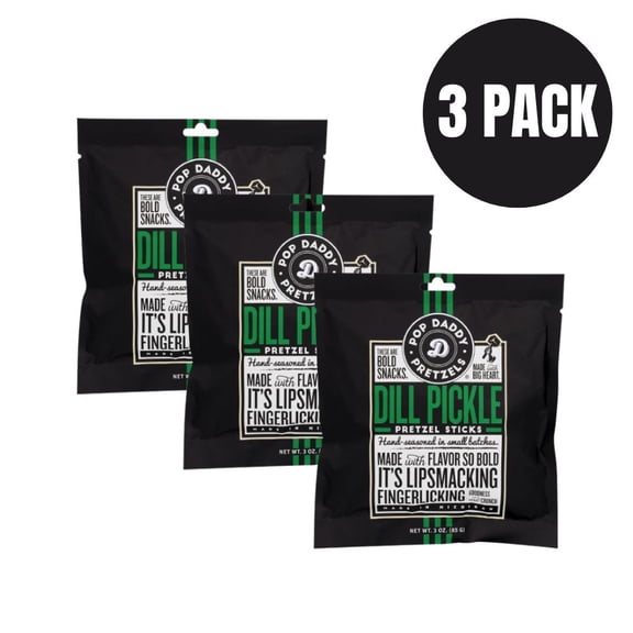 Pop Daddy Pretzels Dill Pickle Pretzel Sticks, 3 oz Bag (Pack of 3) - Bold Garlic & Dill Seasoning, Non-GMO Gourmet Sourdough Snacks, Small Batch Roasted Crunchy Pretzel Sticks