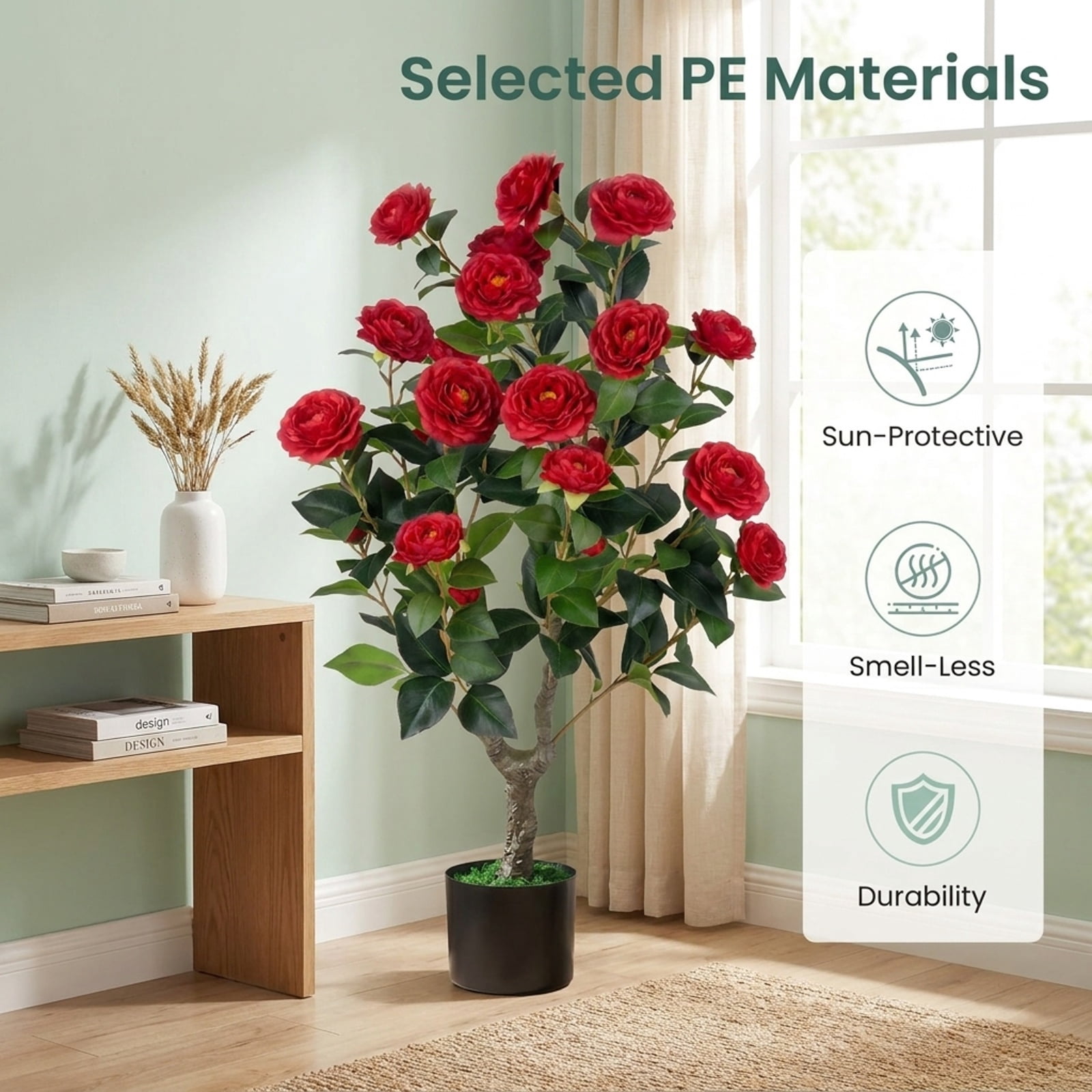 Vebreda Artificial Plant Decor, 2-Pack Artificial Camellia Tree Faux Flower Plant in Cement-Filled Pot, Lifelike & Elegant Design