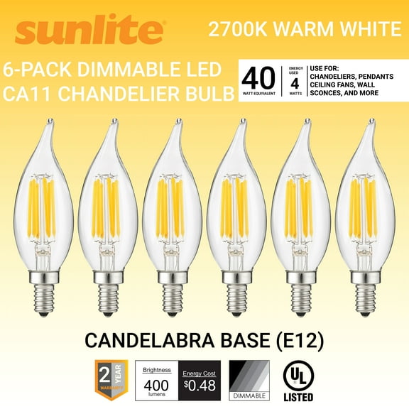 Sunlite LED Filament CA11 Flame Tip Chandelier Light Bulb 4 Watts (40W Equivalent), Candelabra E12 Base, Dimmable, UL Listed, 2700K Warm White, 6 Pack