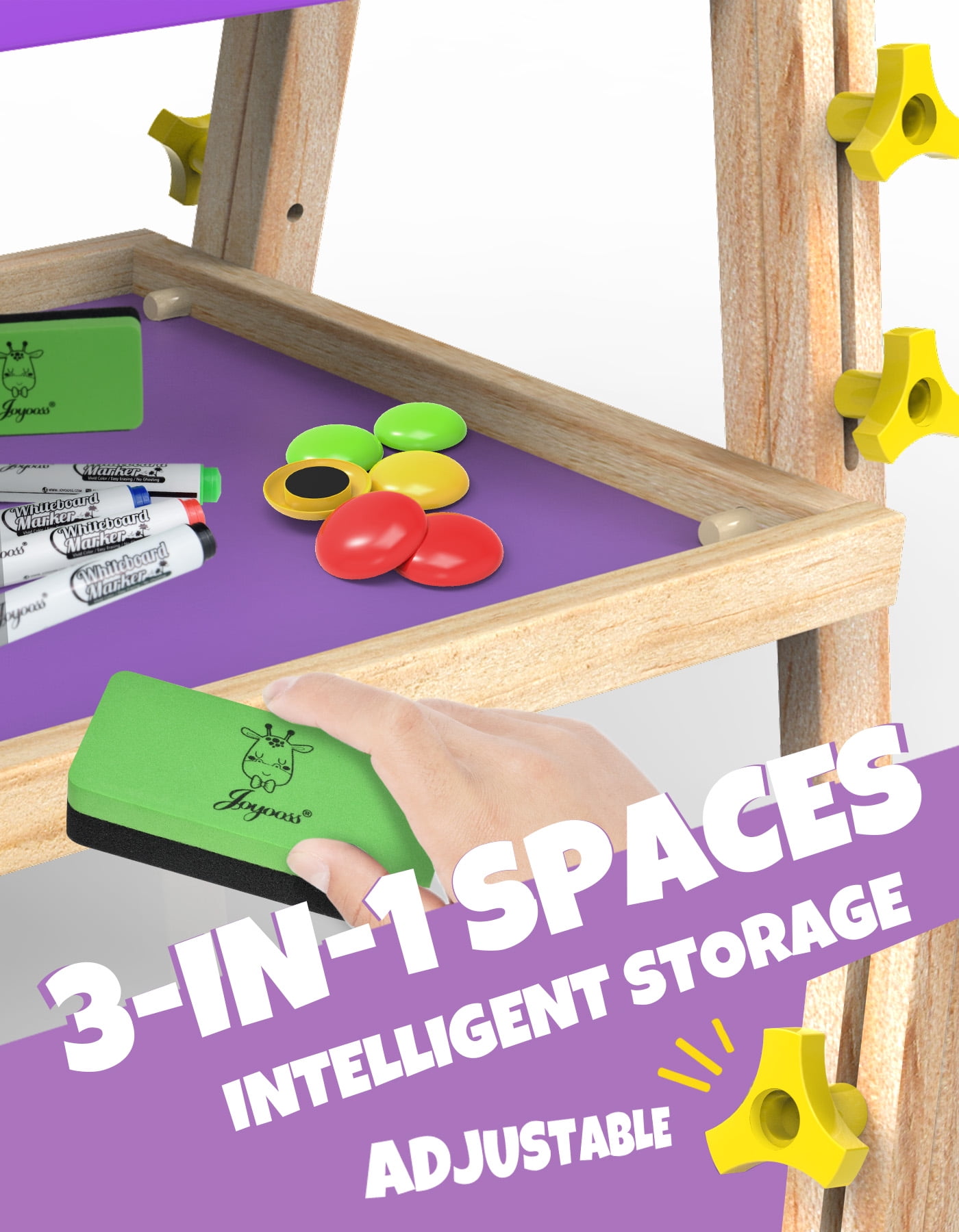 JOYOOSS 25.2 in - 37 in Adjustable Wood Children's Art Easels with Drawing Paper, Chalk, Markers, Erasers, and Magnetic Letters