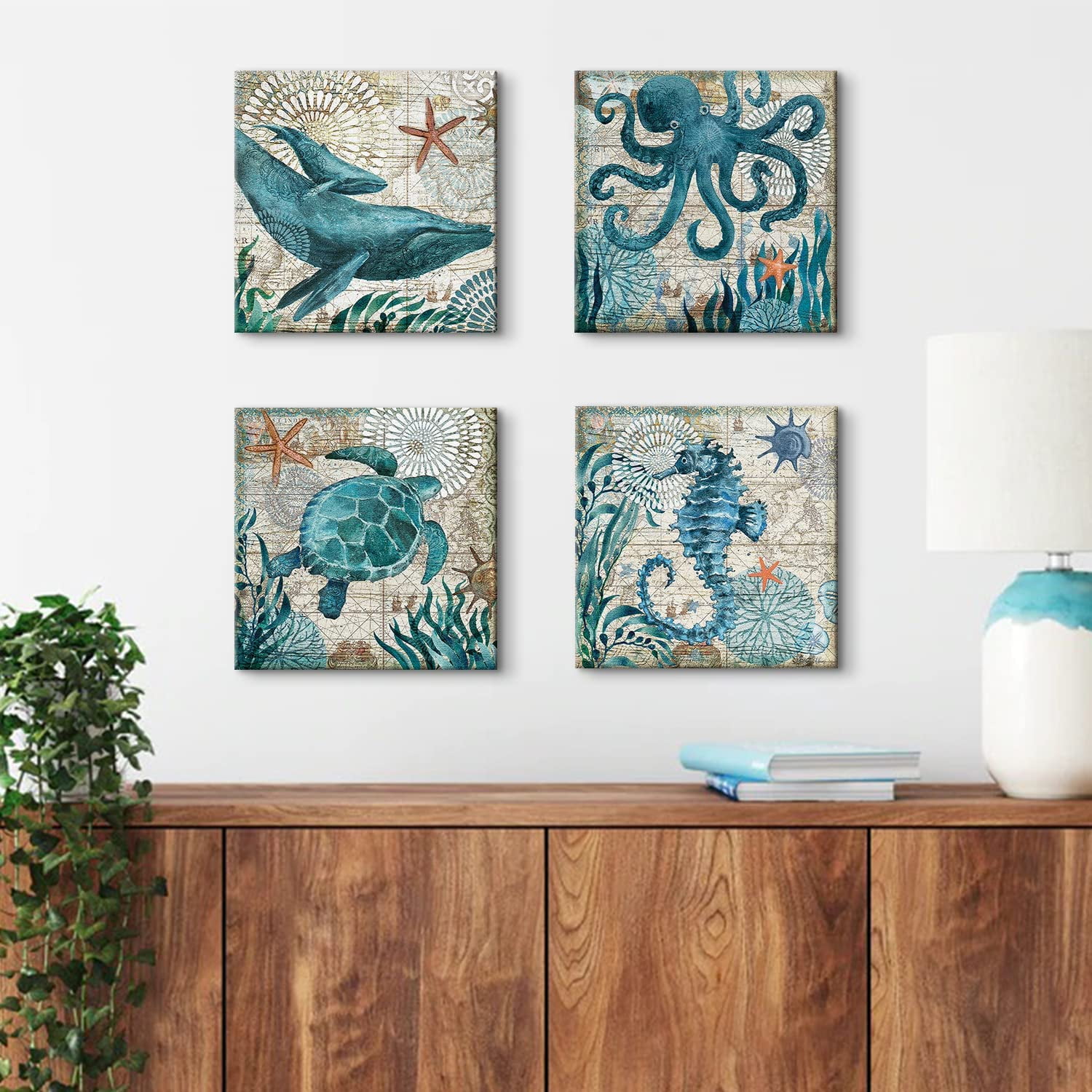 Seashell Decor for Bathroom Beach Wall Art Ocean Decor Rustic Teal