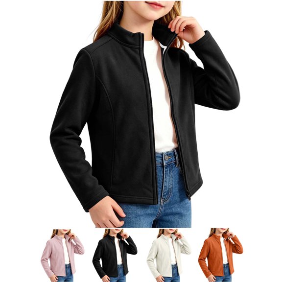 Sevevn Girls Stand Collar Fleece Zip Up Jacket Kids Solid Color Full-Zip Lightweight Fleece Coat Casual Warm Outerwear