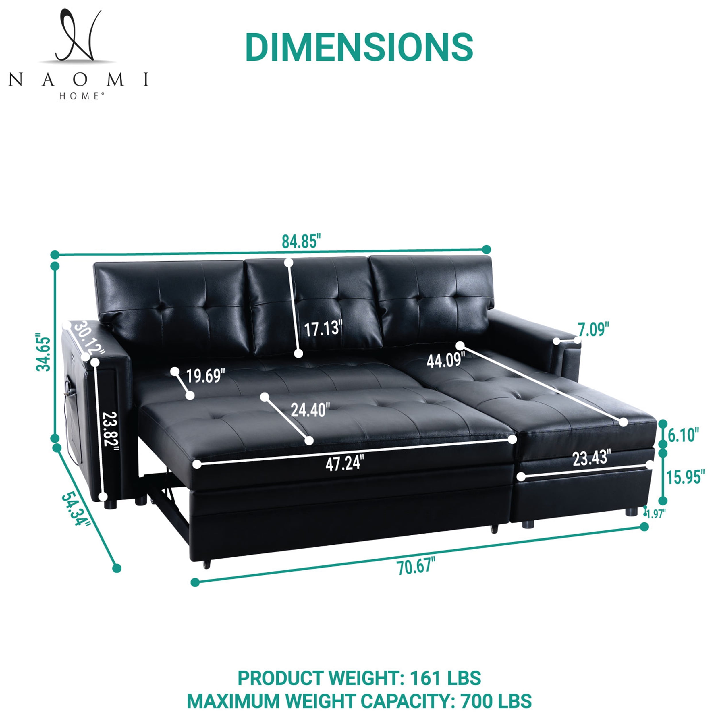 Naomi Home Lily Sectional Sleeper Sofa with USB ports-L-Shaped Couch Convertible faux leather sectional Pull-Out Bed, Ample Storage, Long-Lasting for Modern Living, Black, Air Leather