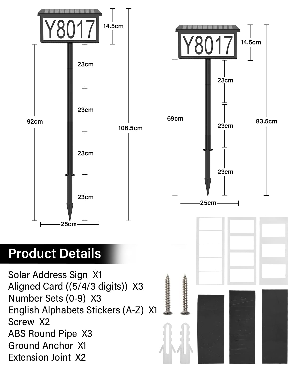2 IN 1 Solar Address Sign for Yard Lighted House Numbers Waterproof Illuminated Address Plaque with Stakes 22 LEDs 3 Color Lighting Modes Wall Mounted/In Ground 2 Ways for Outside Street
