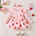 thumbnail image 2 of Mercatoo Baby Girl Fly Long Sleeve Romper Dress Strawberry Print Cute Suspenders Bow Suspenders Skirt + Headband, 2 of 8