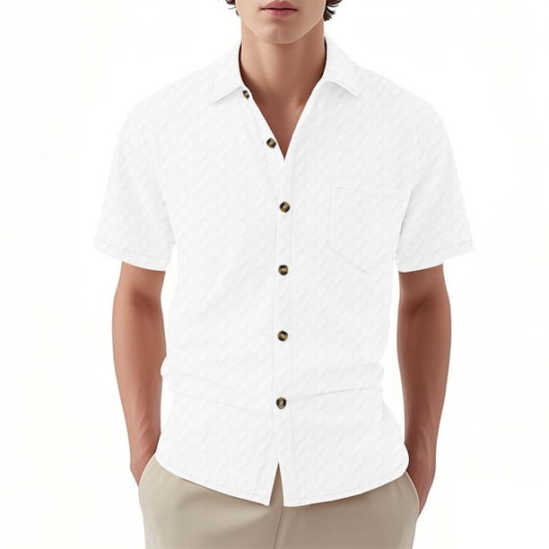 Blusa y camisa de manga corta con cuello vuelto para hombre, moda, botones, bolsillo, color liso, camisa de manga corta con cuello vuelto, abrigo de poliéster para hombre