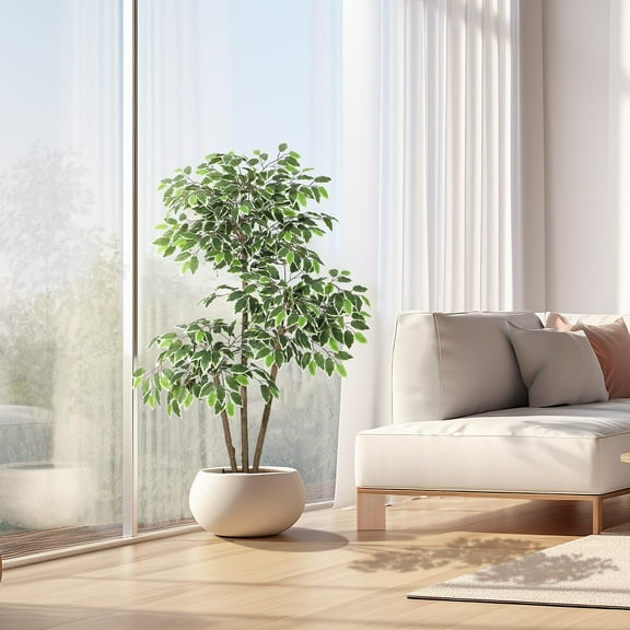 5FT Artificial Ficus Tree Indoor/Outdoor - Faux Plant in White Planter with 3 Trunks & White-Edged Leaves for Home/Garden