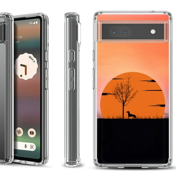 Shockproof Bumper Phone Case for Google Pixel 6a, by OneToughShield ® - Sunset Dachshund