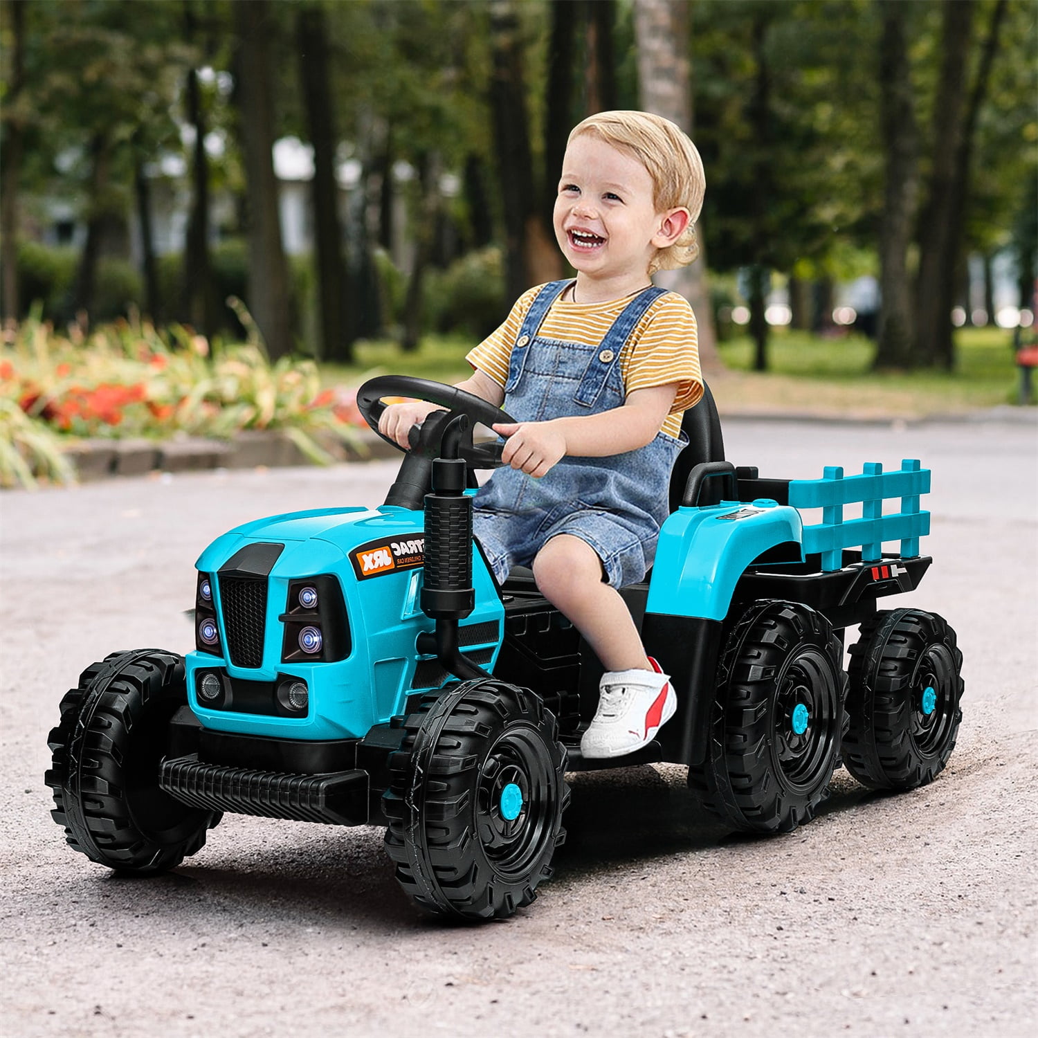 CIPACHO 12V Ride On Tractor with Trailer, 2.4RC, Electric Kids Car Three Speed Adjustable, USB, MP3, Power Display, Blue CIPACHO 12V Ride On Tractor with Trailer, 2.4RC, Electric Kids Car Three Speed Adjustable, USB, MP3, Power Display, Blue