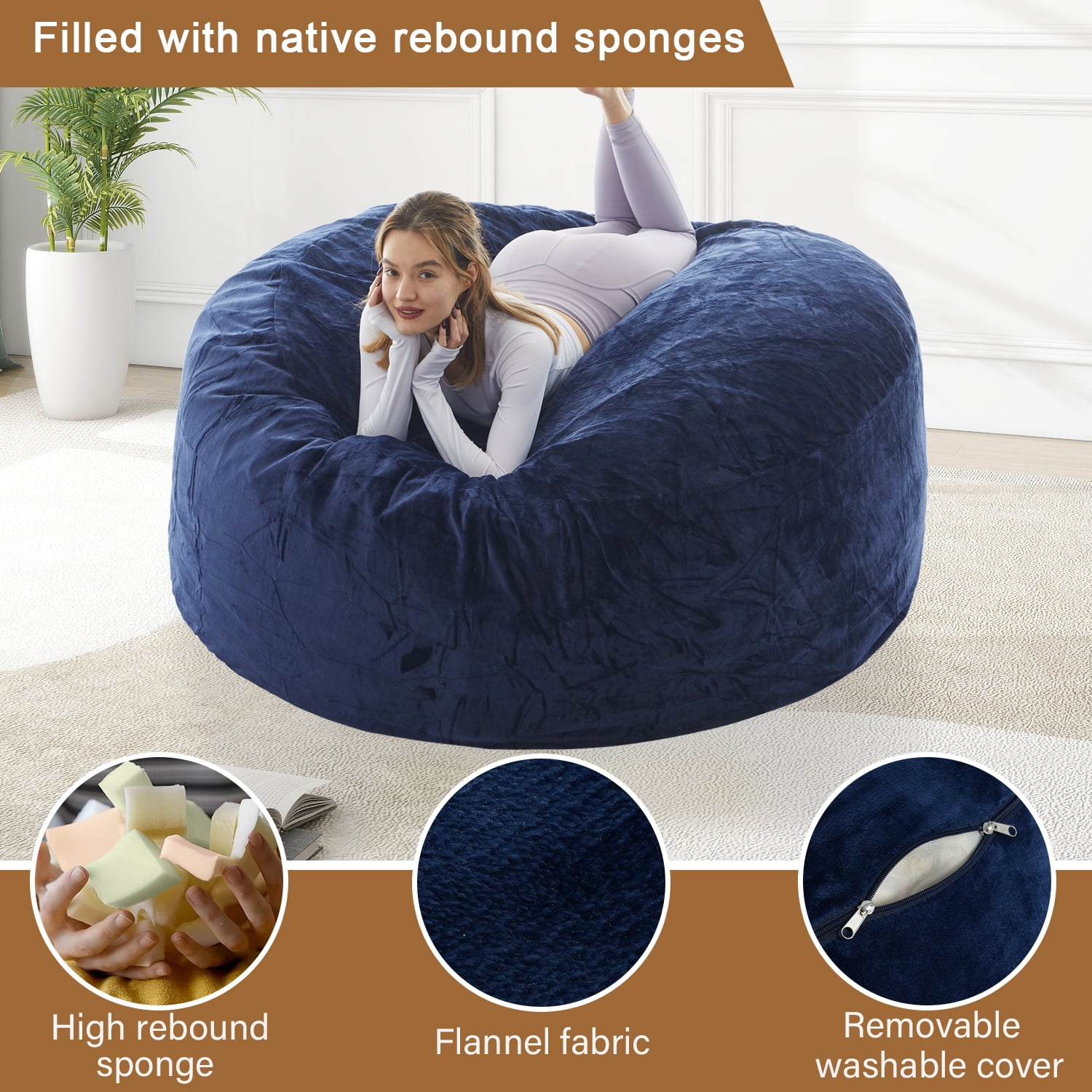 LaoGeoRon 4ft Adult Bean Bag Chairs with Filler Included,Memory Foam Beanbags with Removable Washable Flannel Cover