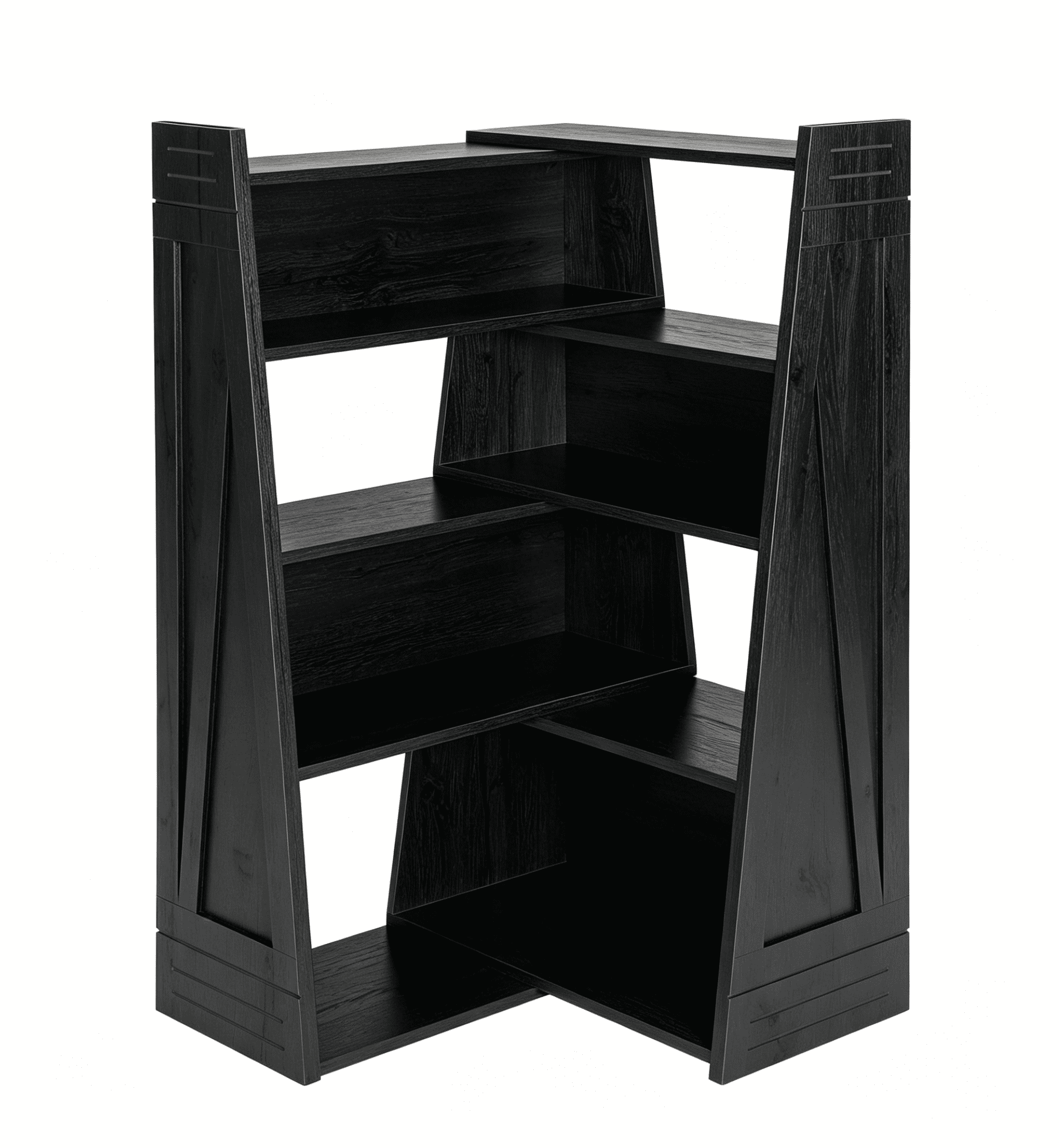 Modular Asymmetrical Bookshelf with 3 Configurable Layouts, Foldable Display Shelf and Staggered Storage Bookcase, Black Woodgrain