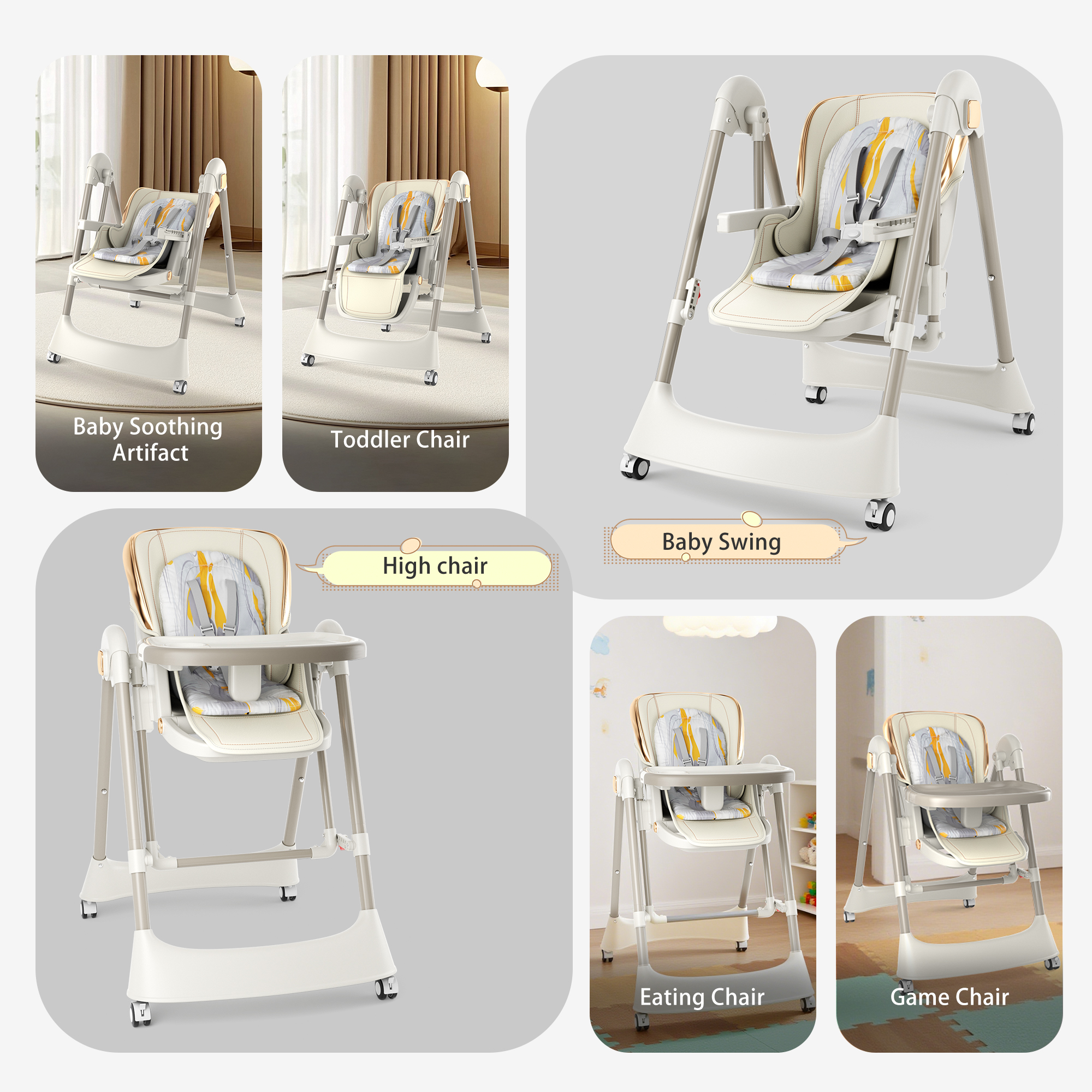 TouHeart 6-in-1 Baby High Chair and Baby Swing Combo, Convertible Highchair for Infants Toddlers, with 6 Heights, 4 Recline, Foldable with Wheels，Beige