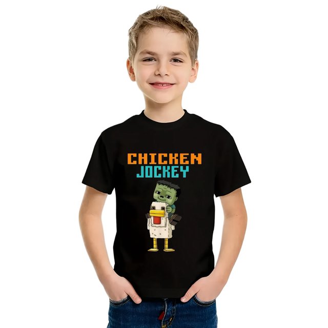 T-Shirt Décontracté pour Garçons - Design Pixel Art Poulet & Œuf avec Texte "Pucken JOCKEY", Manches Courtes Amples Col Rond, Chemise Noire Lavable en Machine, Tissu Respirant Amusant, Parfait pour Ga