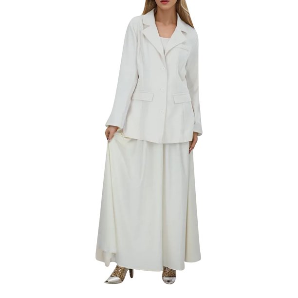 Gibobby Vestido de manga larga para mujer Conjunto de vestido largo elegante de color liso para mujer para la moda de otoño(Blanco,XL)