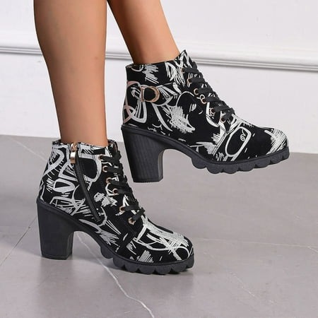 Miluxas 2025 Clearance! Womens Lace Up Ankle Boots Clearance Round Toe Chunky Block High Heels Short Boots Office Winter Shoes