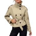 thumbnail image 2 of YMNXA Women'S Trench Coat Long Sleeve Stand Collar Solid Color Button Comfortable Cropped Jacket With Belt For Daily Wear Khaki M, 2 of 6