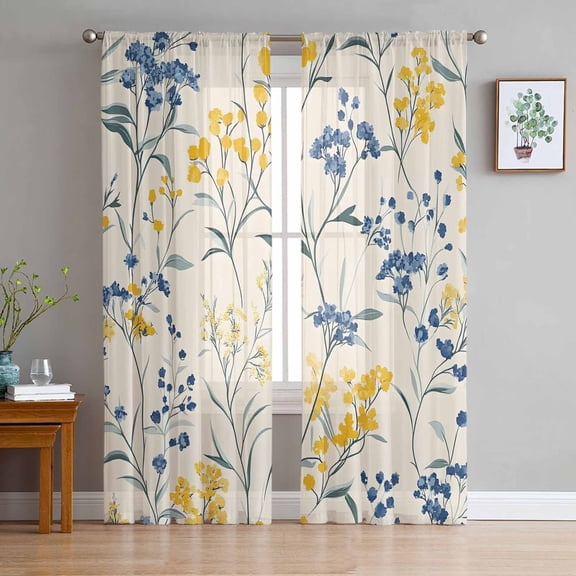Yellow Blue Flowers Sheer Curtains 72 Inch Length 2 Panels Set for Living Room/Bedroom, Watercolor Botanical Floral Plants Curtain Sheers Drapes Rod Pocket Curtains Window Treatment Set 52''x72''x2