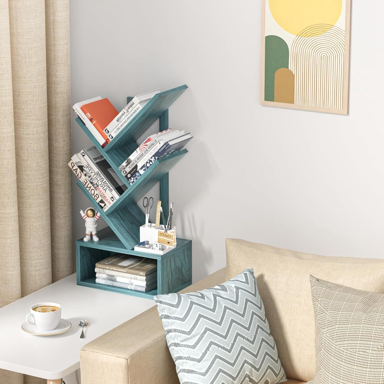 5 Tier Tree Bookshelf, Small Bookshelf, Desktop Bookshelf Floor Standing Bookcase Display for CDs/Magazine/Books, Book Organizer Shelves for Bedroom, Blue