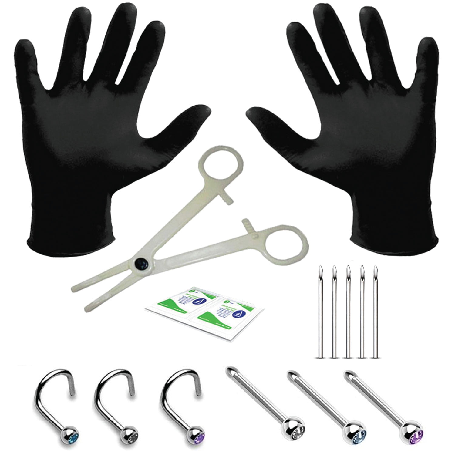 BodyJ4You 15PC Nose Piercing Kit 20G Aftercare Piercing Bump Treatment | Nostril Screw Curved Bone Stud Push In Pin CZ Crystal | Stainless Steel Tools Needles Gloves Clamps